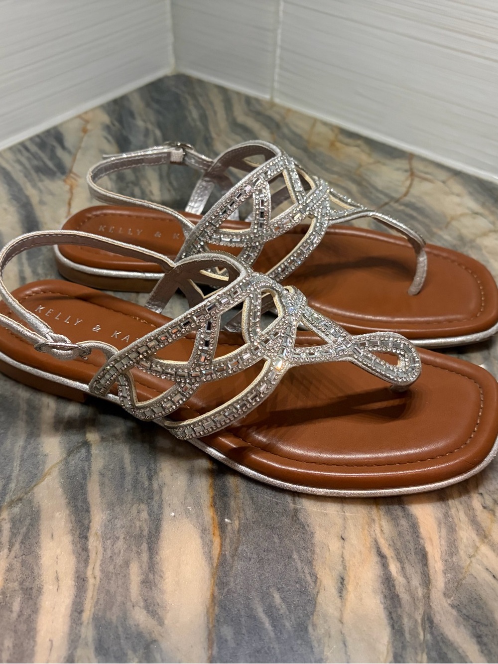 Kelly & Katie Sequin Sparkly Rhinestone Embellished Silver Flat Sandals Size 7.5